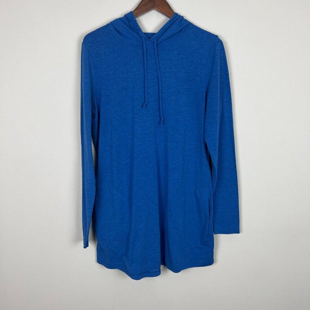 Duluth Trading Co Dry & Mighty Long Sleeve Hoodie Tunic Womens M Blue Wool Blend - Picture 10 of 11